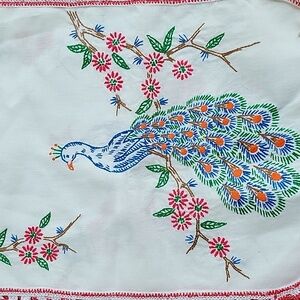 Vintage Hand Embroidered Peacock Tablerunner  approx. 34 inches